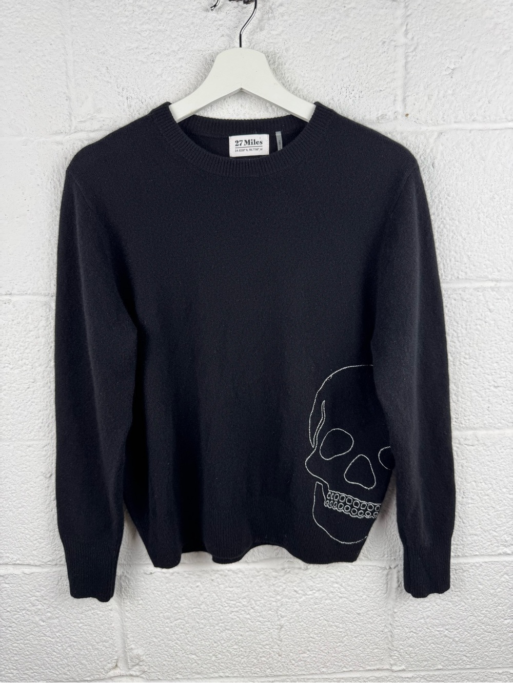 27 Miles Malibu Cashmere Skull Sweater Black Embroidered Goth Crewneck S